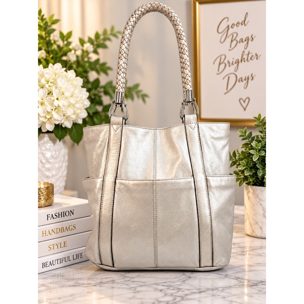 Tignanello Metallic Silver Pebbled Leather Shoulder Bag Braided Handle Tote